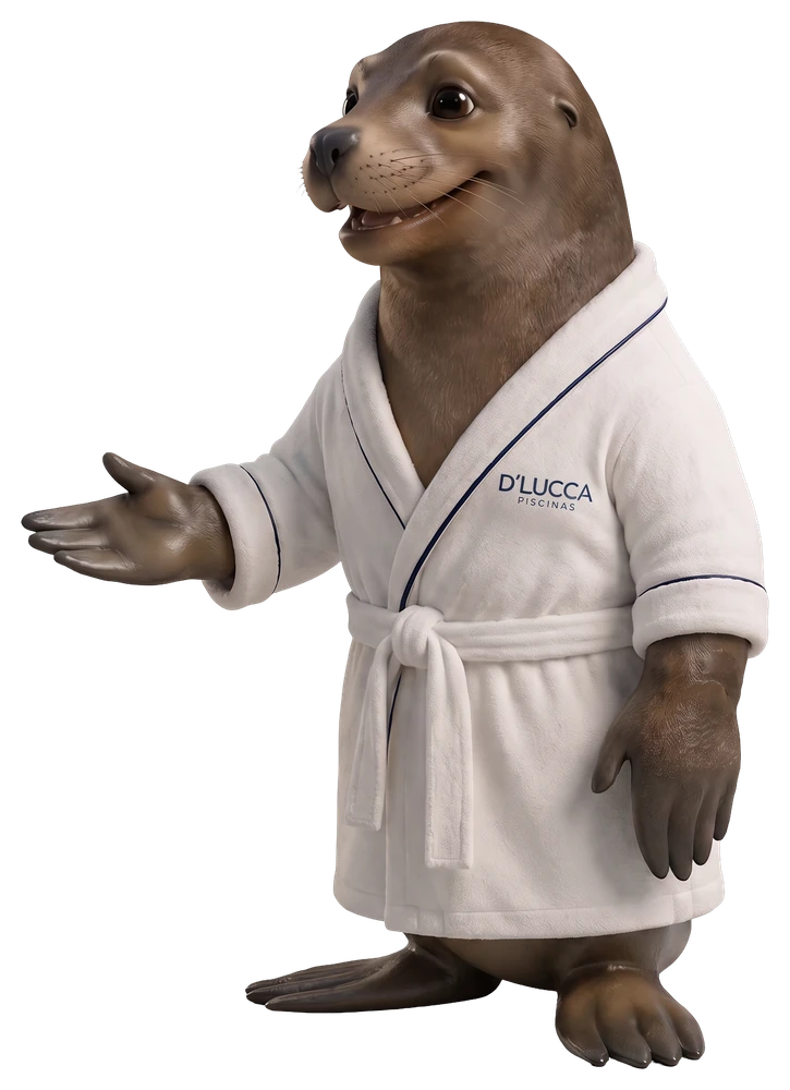 Mascote D'Lucca, um simpático leão-marinho de roupão, apresentando a proposta